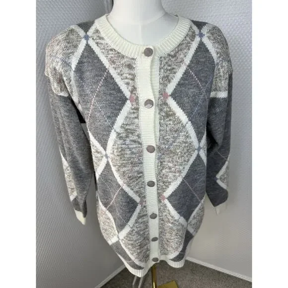 Dana Scott Vintage Argyle Geometric Knit Cardigan 1970s Dad Grandpa Sweater XL - Picture 2 of 8